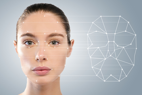 Bild einer Frau, in dem vom System erkannte Punkte im Gesicht und ein daraus abgeleitetes Computermodell angedeutet sind.