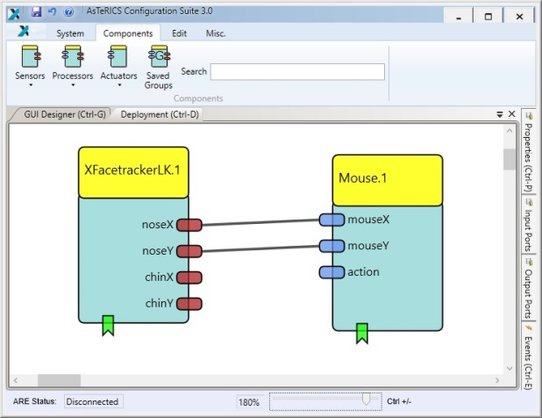 Kopf-Maus-Steuerung mit AsTeRICS realisiert. 2 Komponenten in einem grafischen Editor: links Kamera-Komponente für Facetracking, welche rechte Komponente für Mausbewegung mit Daten versorgt.
