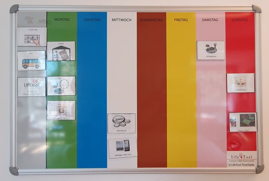 Bild zeigt ein Beispiel eines Wochenplans mit bunt hinterlegten Tagen